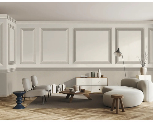 Wohnzimmer mit Paneelwand, Sofa, Sesseln und Holzboden