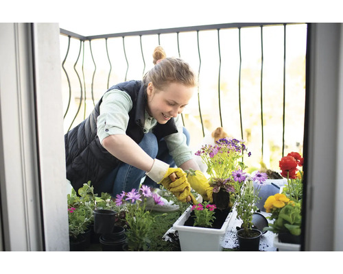 Frau pflanzt Blumen auf einem Balkon mit verschiedenen Blumen und Pflanzgefäßen.