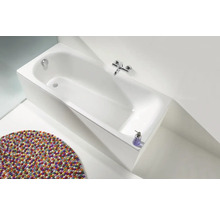 Baignoire rectangulaire avec robinetterie et tapis coloré dans la salle de bain