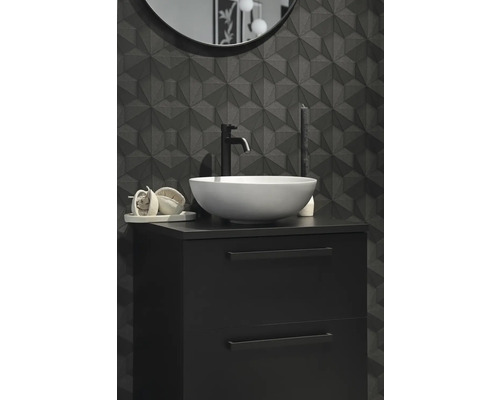 Modernes Badezimmer mit schwarzem Waschtischunterschrank, Aufsatzwaschbecken und dreidimensionaler Wandfliese