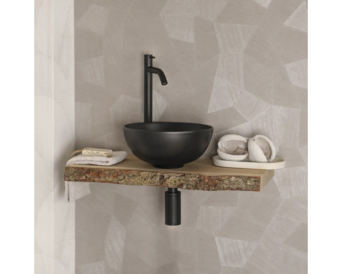 Salle de bains moderne avec lavabo à poser noir sur une étagère en bois