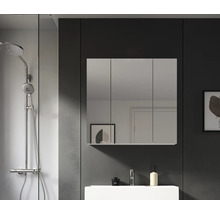 Salle de bains avec robinetterie de douche, lavabo et armoire de toilette