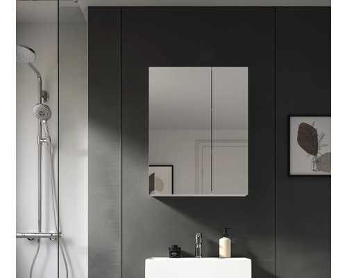 Salle de bain avec armoire de toilette, lavabo et douche