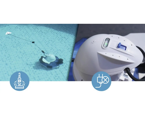 Robot de nettoyage de piscine dans une piscine avec alimentation électrique correspondante