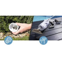 Appareil de nettoyage de piscine avec accessoires et saletés dans le filtre