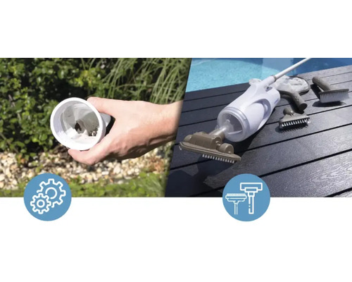Appareil de nettoyage de piscine avec accessoires et saletés dans le filtre