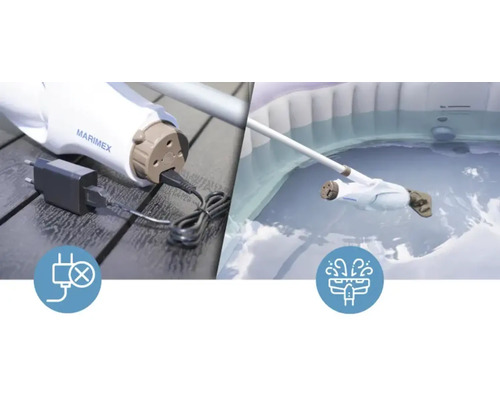 Aspirateur de piscine sans fil Marimex avec chargeur en cours d''utilisation pour le nettoyage de la piscine