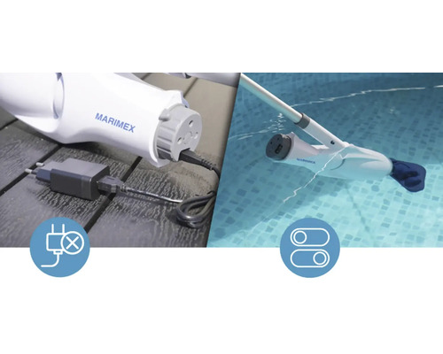 Marimex Poolroboter mit Ladegerät und Symbolen für Laden und Ein/Aus