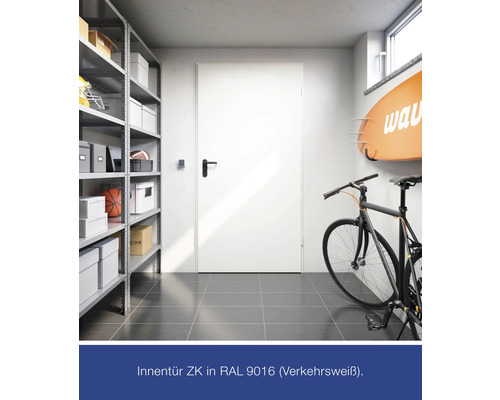 Weisse Innentür ZK in einem Kellerraum mit Fahrrad und Regal.