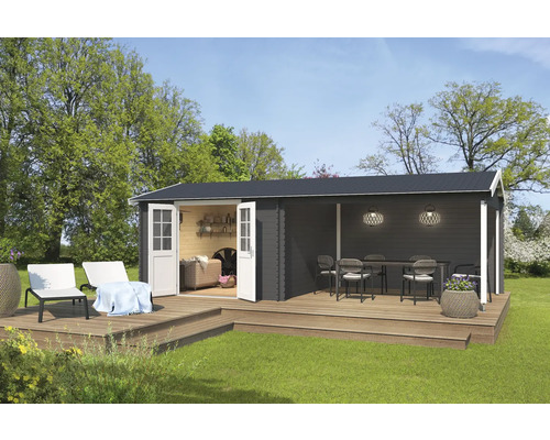Gartenhaus Outdoor Life Amarillo inkl. Anbaudach mit Rückwand 730 x 388,5 cm carbongrau Holzgartenhaus mit Terrasse und Gartenmöbeln im Aussenbereich