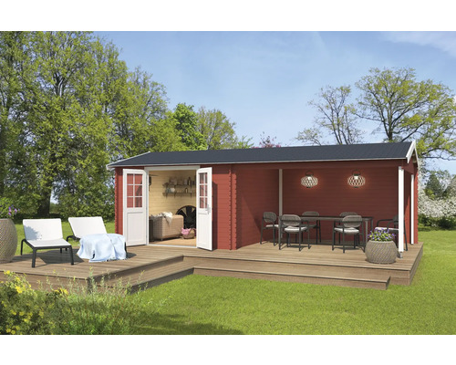 Abri de jardin Outdoor Life Amarillo avec avancée de toit et paroi arrière 730 x 388,5 cm rouge de falun Abri de jardin avec terrasse, mobilier de jardin et portes ouvertes.