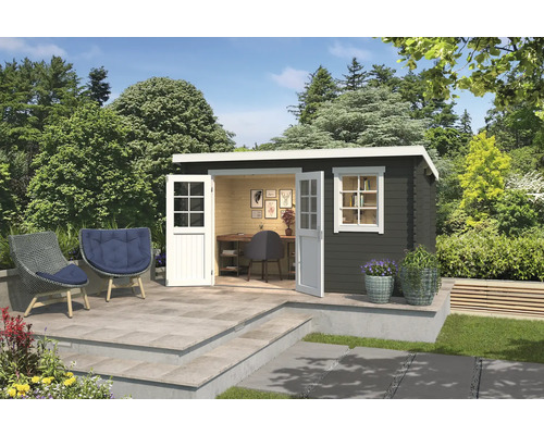 Gartenhaus Outdoor Life Amira 400 x 213,1 cm graugrün Garten mit Holzgartenhaus, Gartenmöbeln und Pflanzen