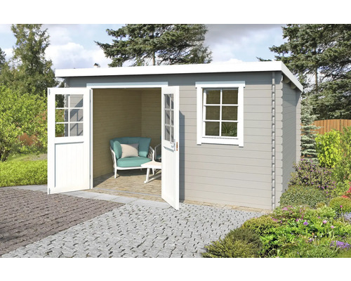 Gartenhaus Outdoor Life Amira 400 x 313,9 cm hellgrau Gartenhaus aus Holz mit Fenster und Doppeltür sowie Gartenmöbeln