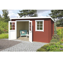 Gartenhaus aus Holz mit Fenster und geöffneter Doppeltür