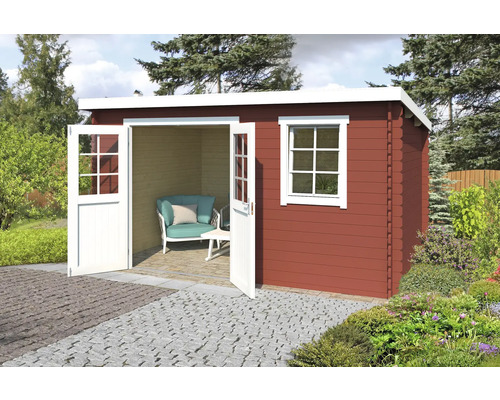 Gartenhaus Outdoor Life Amira 400 x 313,9 cm schwedischrot Gartenhaus aus Holz mit Fenster und geöffneter Doppeltür