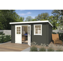 Gartenhaus mit Doppeltür und Fenster auf Holzterrasse