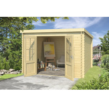 Abri de jardin en bois avec portes doubles ouvertes et équipement d''atelier à l''intérieur