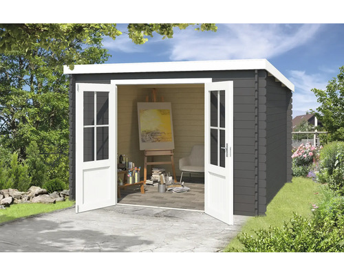 Gartenhaus Outdoor Life Atlanta 312 x 258,7 cm carbongrau Holzgartenhaus mit geöffneten Doppeltüren, darin Staffelei mit Leinwand