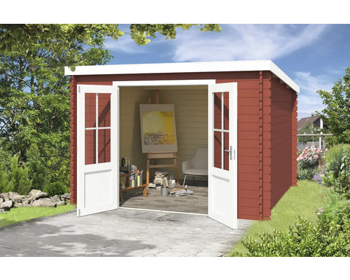 Gartenhaus Outdoor Life Atlanta 312 x 258,7 cm schwedischrot Gartenhaus mit geöffneten Doppeltüren, im Inneren Staffelei und Malutensilien