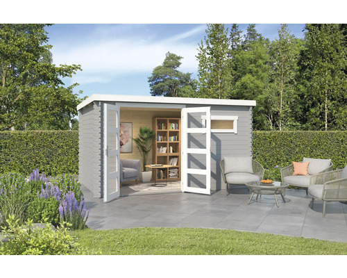 Abri de jardin Outdoor Life Augusta 400 x 254,9 cm gris clair Abri de jardin avec portes doubles ouvertes, fenêtres et mobilier de terrasse dans le jardin
