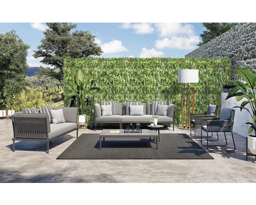 Eine Loungegruppe mit Sofa, Sessel, Couchtisch und Teppich im Freien vor einer grünen Wand.