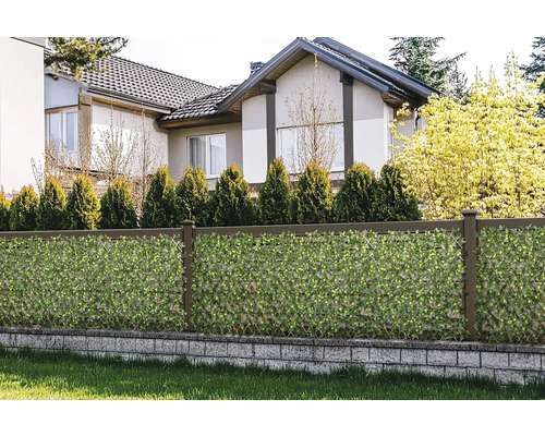 Gartenzaun mit Sichtschutzmatte und Haus im Hintergrund