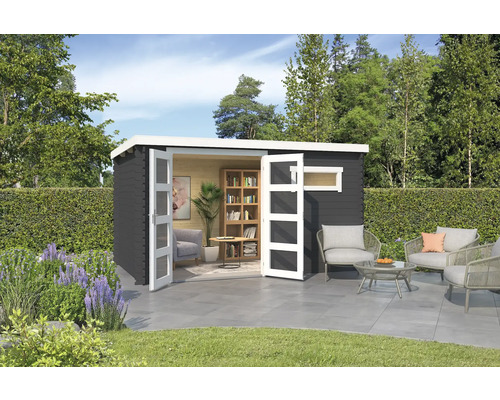 Gartenhaus Outdoor Life Augusta 400 x 254,9 cm carbongrau Modernes Gartenhaus mit geöffneten Türen und Gartenmöbeln auf der Terrasse