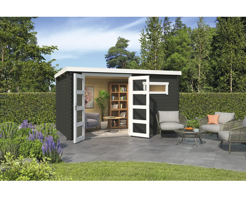 Gartenhaus Outdoor Life Augusta 400 x 254,9 cm graugrün Gartenhaus mit geöffneten Doppeltüren, Fenstern und Sitzbereich im Freien
