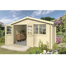 Gartenhaus aus Holz mit geöffneten Doppeltüren und Fenster