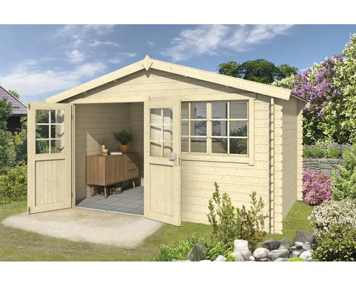 Gartenhaus aus Holz mit geöffneten Doppeltüren und Fenster