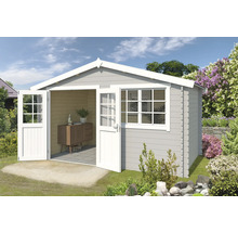 Gartenhaus mit Doppeltür und Fenster in einem Garten