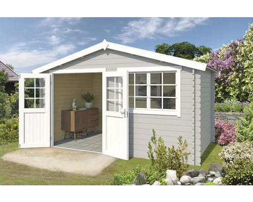 Gartenhaus Outdoor Life Axel 415,1 x 250 cm hellgrau Gartenhaus mit Doppeltür und Fenster in einem Garten