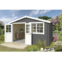 Graues Gartenhaus mit geöffneten Doppeltüren und Fenster