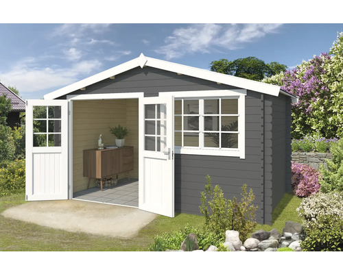 Gartenhaus Outdoor Life Axel 415,1 x 250 cm carbongrau Graues Gartenhaus mit geöffneten Doppeltüren und Fenster