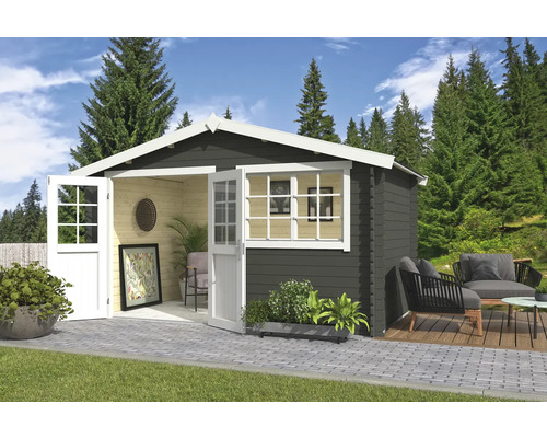 Gartenhaus Outdoor Life Axel 415,1 x 250 cm graugrün Modernes Gartenhaus mit geöffneten Doppeltüren, Fenster und Gartenmöbeln auf einer Terrasse