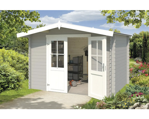 Gartenhaus Outdoor Life Baltimore 324 x 290 cm hellgrau Gartenhaus mit geöffneten Doppeltüren, Rasentrimmer und Regal im Inneren