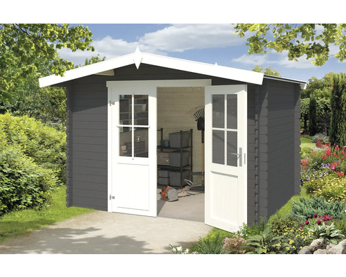 Gartenhaus Outdoor Life Baltimore 324 x 290 cm carbongrau Gartenhaus mit geöffneten Doppeltüren, Regalen und Gartengeräten im Inneren.