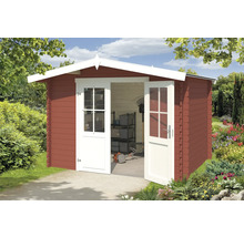 Gartenhaus mit geöffneten Doppeltüren und Geräten im Inneren