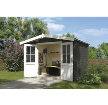 Offener Geräteschuppen aus Holz mit Rasenmäher