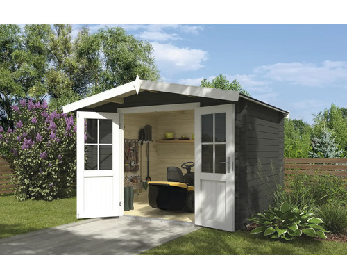 Gartenhaus Outdoor Life Baltimore 324 x 290 cm graugrün Offener Geräteschuppen aus Holz mit Rasenmäher