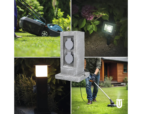 Collage mit Gartenszenen und einer Außensteckdose für den Garten.