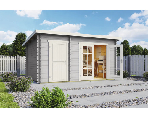 Abri de jardin Outdoor Life Belmont 1 avec plancher420 x 288,8 cm gris clair Abri de jardin gris avec mobilier de bureau et doubles portes ouvertes