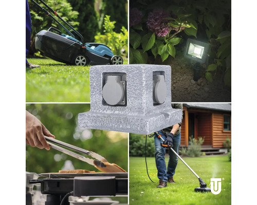 Mehrfachsteckdose für den Aussenbereich im Einsatz mit Rasenmäher, Gartenbeleuchtung, Grill und Rasentrimmer.