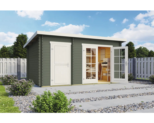 Gartenhaus Outdoor Life Belmont 1 inkl. Fußboden 420 x 288,8 cm graugrün Gartenhaus aus Holz mit Doppeltür und Einzeltür vor blauem Himmel