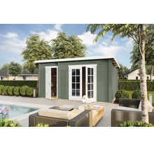 Holzgartenhaus mit Doppeltür und Einzeltür in einem Garten am Pool