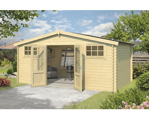 Gartenhaus Outdoor Life Boston 518,6 x 312 cm natur Holzgartenhaus mit geöffneten Doppeltüren, Fenstern und Inneneinrichtung für Gartenarbeiten oder Hobby