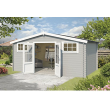 Gartenhaus mit Doppeltür und Fenstern im Garten