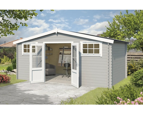 Gartenhaus Outdoor Life Boston 518,6 x 312 cm hellgrau Gartenhaus mit Doppeltür und Fenstern im Garten