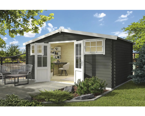 Gartenhaus Outdoor Life Boston 518,6 x 312 cm graugrün Gartenhaus mit geöffneter Doppeltür, Fenster und Terrasse mit Gartenmöbeln