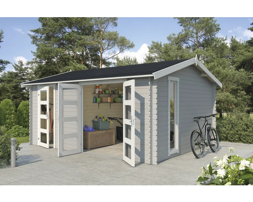Gartenhaus Outdoor Life Carroz 2 496 x 403,4 cm hellgrau Gartenhaus mit Doppeltür und Fahrrad daneben